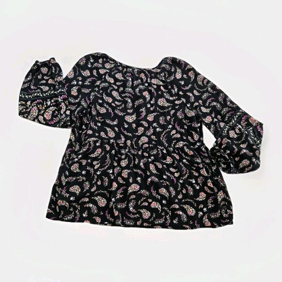 Old Navy Top Women M Black Floral Paisley Puff Sleeves Tassels Boho Whimsigoth - Picture 16 of 16
